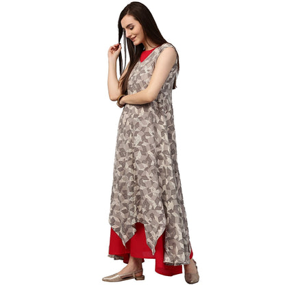 Grey Printed Sleeveless Cotton Assymetric Double Layer Kurta | LASVINI - Redefining Indian Fashion with Elegance