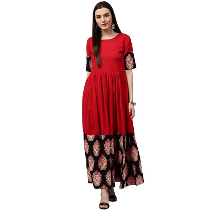 Red And Black Printed Half Sleeve Cotton A-Line Kurta | LASVINI - Redefining Indian Fashion with Elegance