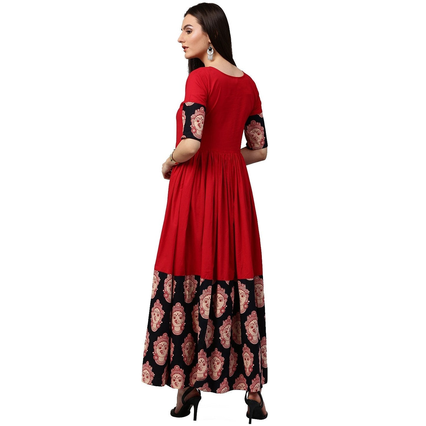 Red And Black Printed Half Sleeve Cotton A-Line Kurta | LASVINI - Redefining Indian Fashion with Elegance