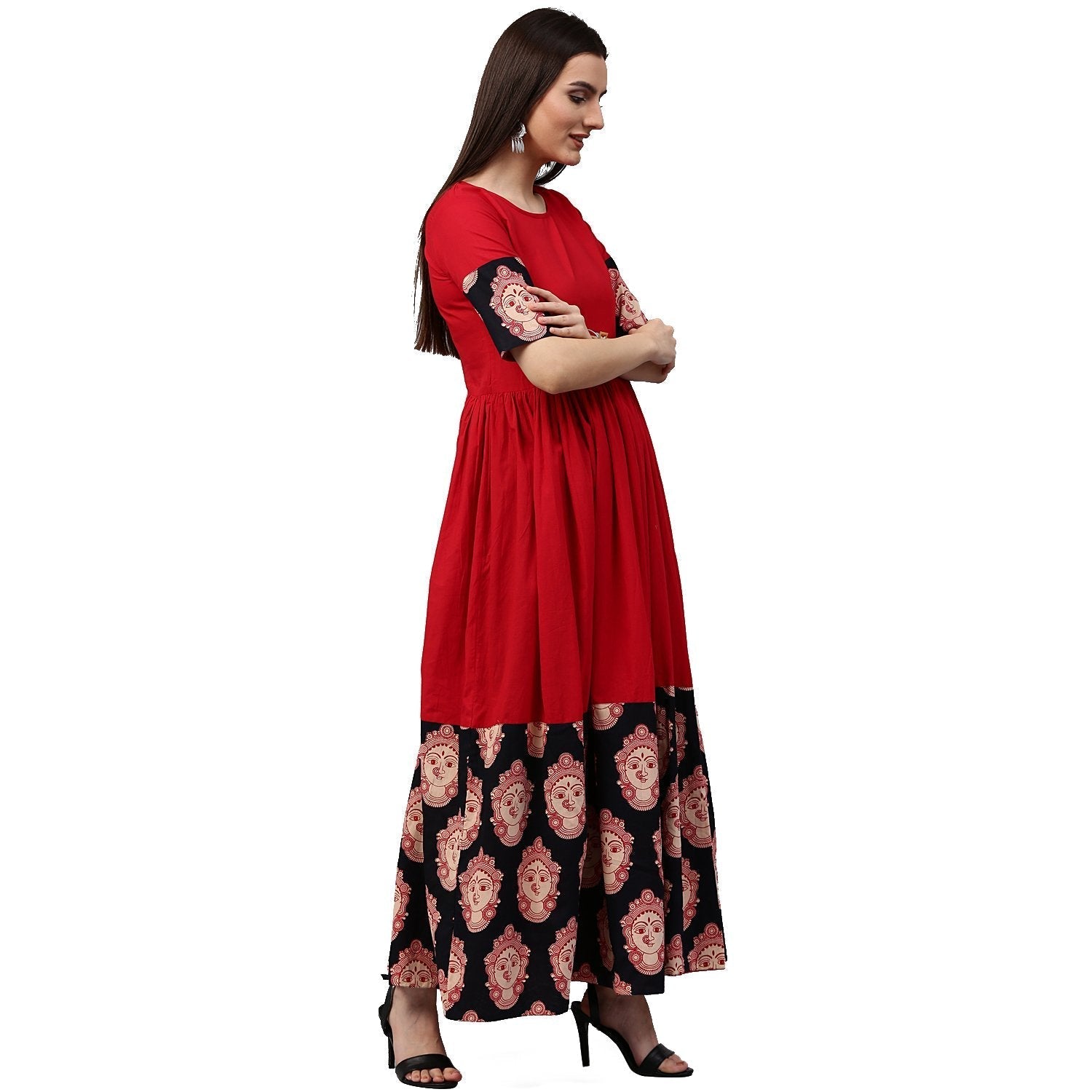 Red And Black Printed Half Sleeve Cotton A-Line Kurta | LASVINI - Redefining Indian Fashion with Elegance