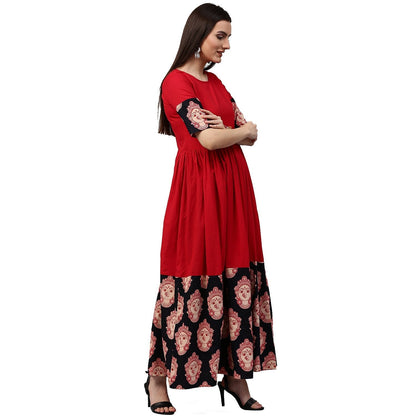 Red And Black Printed Half Sleeve Cotton A-Line Kurta | LASVINI - Redefining Indian Fashion with Elegance