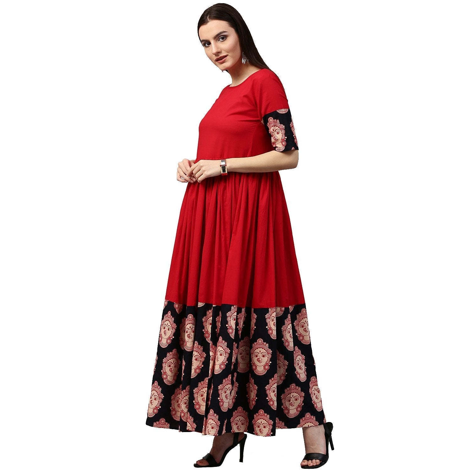 Red And Black Printed Half Sleeve Cotton A-Line Kurta | LASVINI - Redefining Indian Fashion with Elegance