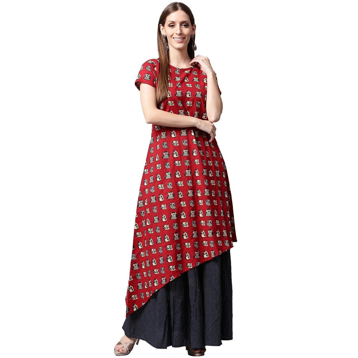 Red Printed Short Sleeve Cotton Kurta With Blue Printed Skirt | LASVINI - Redefining Indian Fashion with Elegance