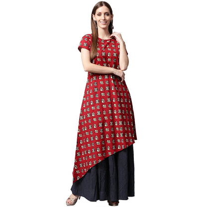 Red Printed Short Sleeve Cotton Kurta With Blue Printed Skirt | LASVINI - Redefining Indian Fashion with Elegance