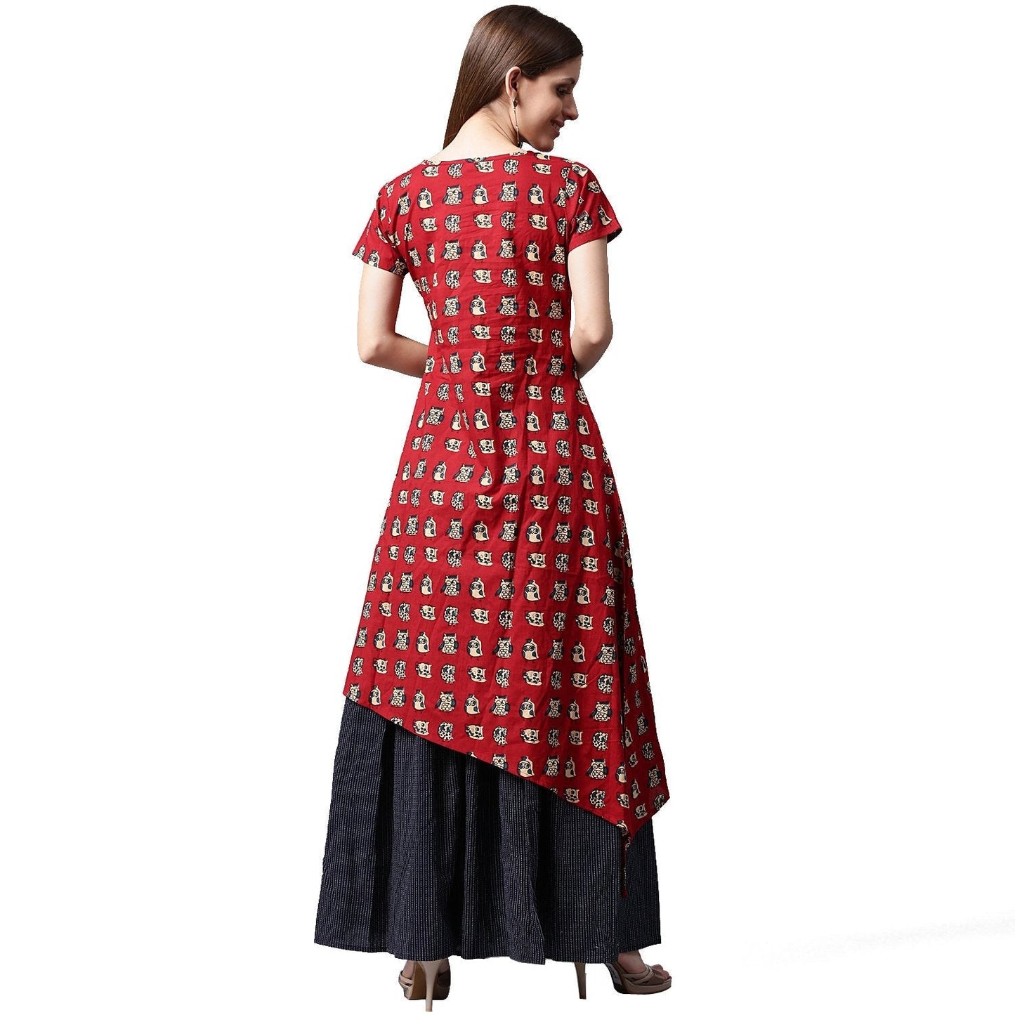 Red Printed Short Sleeve Cotton Kurta With Blue Printed Skirt | LASVINI - Redefining Indian Fashion with Elegance