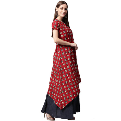 Red Printed Short Sleeve Cotton Kurta With Blue Printed Skirt | LASVINI - Redefining Indian Fashion with Elegance