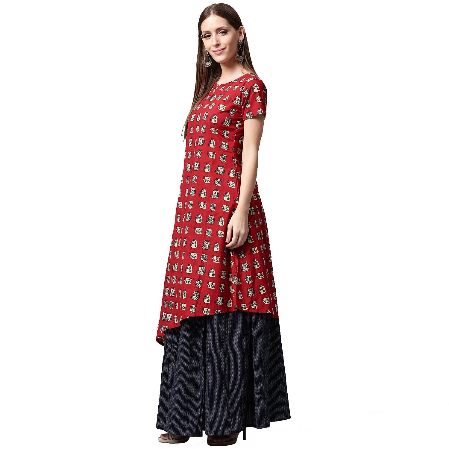 Red Printed Short Sleeve Cotton Kurta With Blue Printed Skirt | LASVINI - Redefining Indian Fashion with Elegance