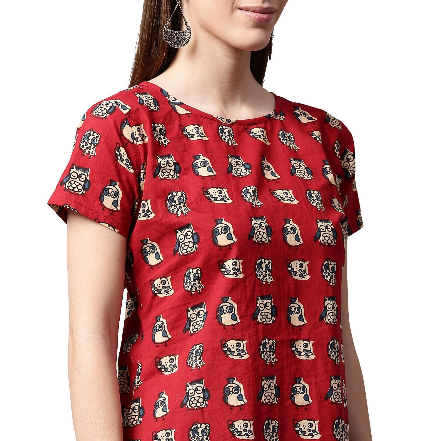 Red Printed Short Sleeve Cotton Kurta With Blue Printed Skirt | LASVINI - Redefining Indian Fashion with Elegance