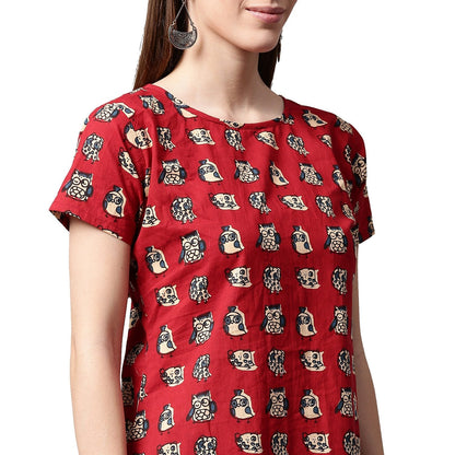 Red Printed Short Sleeve Cotton Kurta With Blue Printed Skirt | LASVINI - Redefining Indian Fashion with Elegance