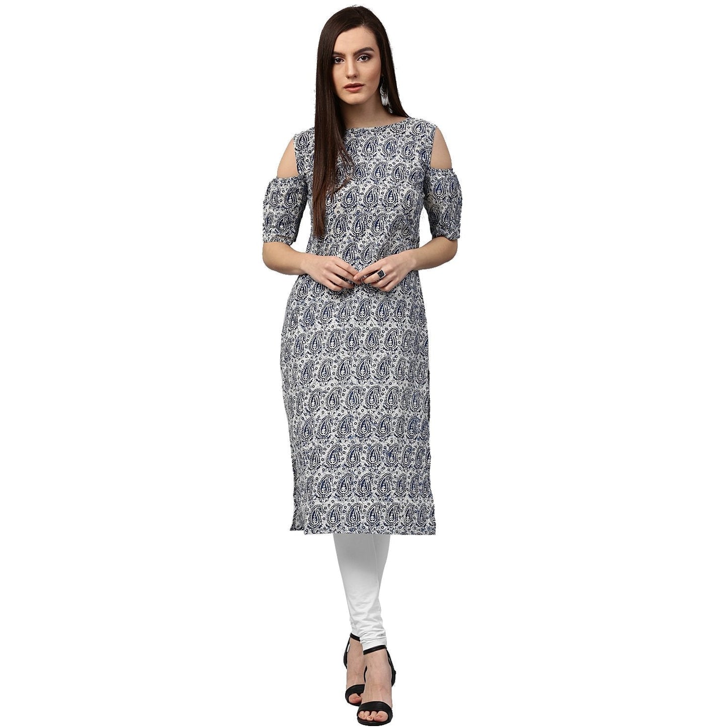 Blue Printed Half Sleeve Cold Shoulder Cotton Kurta | LASVINI - Redefining Indian Fashion with Elegance