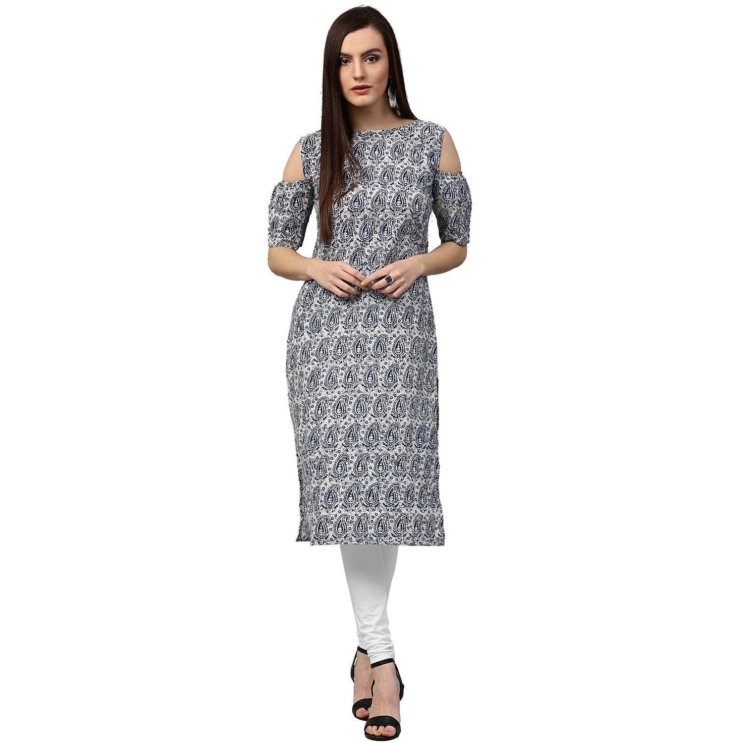 Blue Printed Half Sleeve Cold Shoulder Cotton Kurta | LASVINI - Redefining Indian Fashion with Elegance