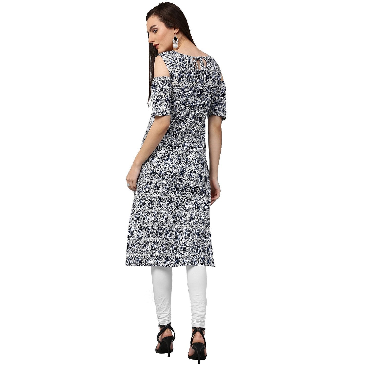 Blue Printed Half Sleeve Cold Shoulder Cotton Kurta | LASVINI - Redefining Indian Fashion with Elegance