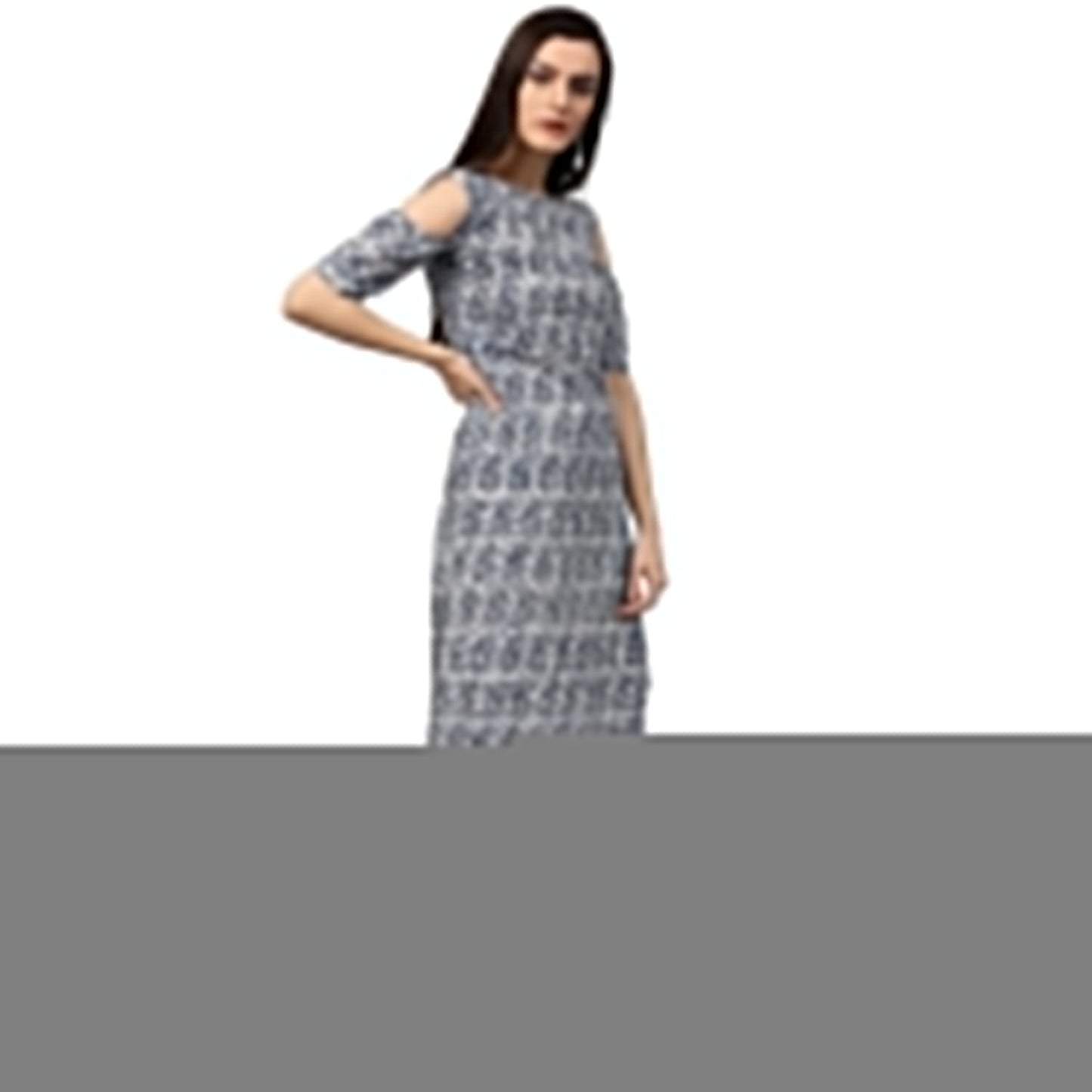 Blue Printed Half Sleeve Cold Shoulder Cotton Kurta | LASVINI - Redefining Indian Fashion with Elegance