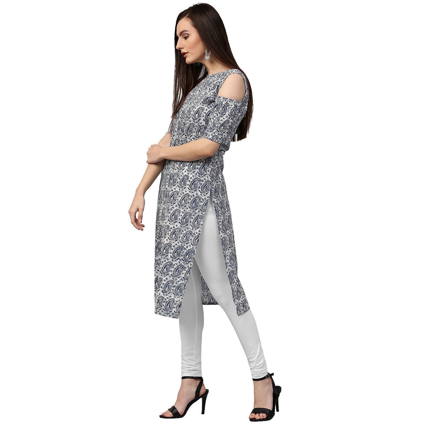 Blue Printed Half Sleeve Cold Shoulder Cotton Kurta | LASVINI - Redefining Indian Fashion with Elegance