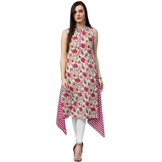 Pink Printed Sleeveless Cotton A-Line Kurta | LASVINI - Redefining Indian Fashion with Elegance
