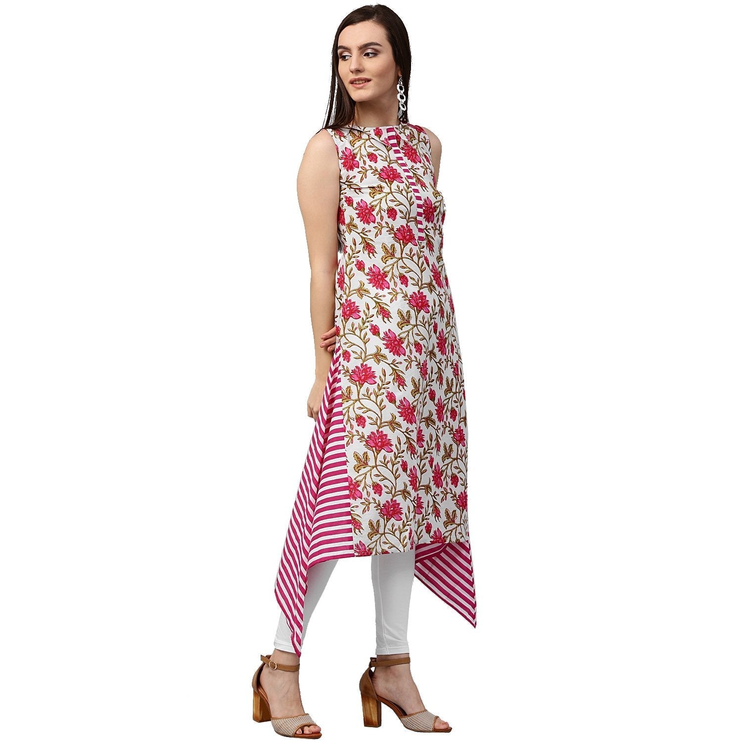 Pink Printed Sleeveless Cotton A-Line Kurta | LASVINI - Redefining Indian Fashion with Elegance