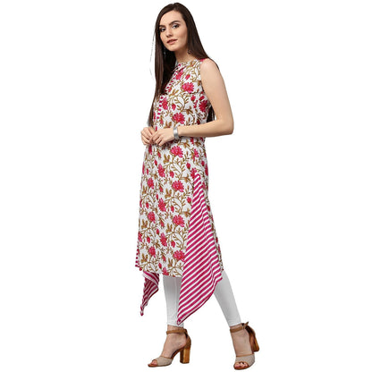 Pink Printed Sleeveless Cotton A-Line Kurta | LASVINI - Redefining Indian Fashion with Elegance