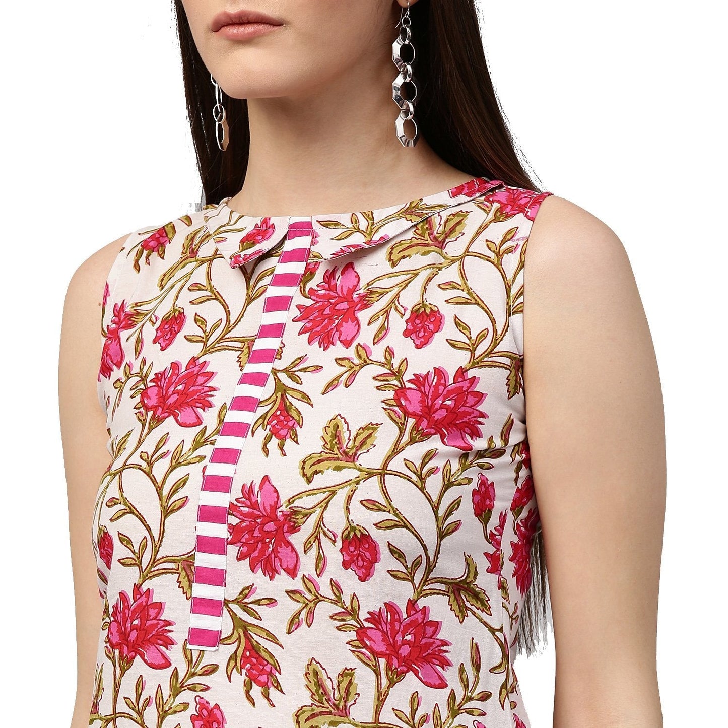 Pink Printed Sleeveless Cotton A-Line Kurta | LASVINI - Redefining Indian Fashion with Elegance