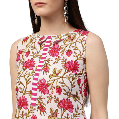 Pink Printed Sleeveless Cotton A-Line Kurta | LASVINI - Redefining Indian Fashion with Elegance