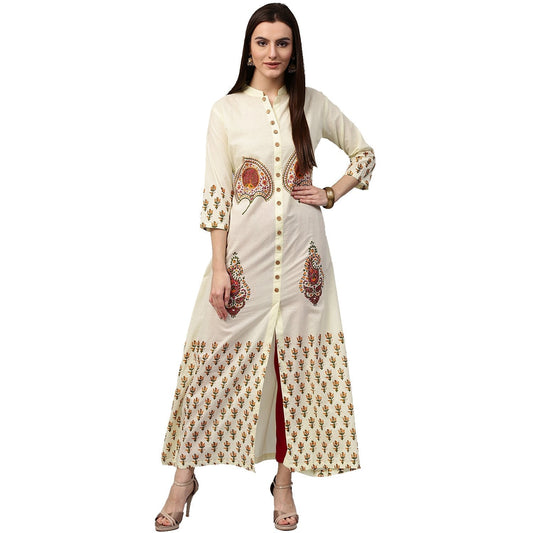 Off White Printed 3/4Th Sleeve Long Cotton Kurta | LASVINI - Redefining Indian Fashion with Elegance