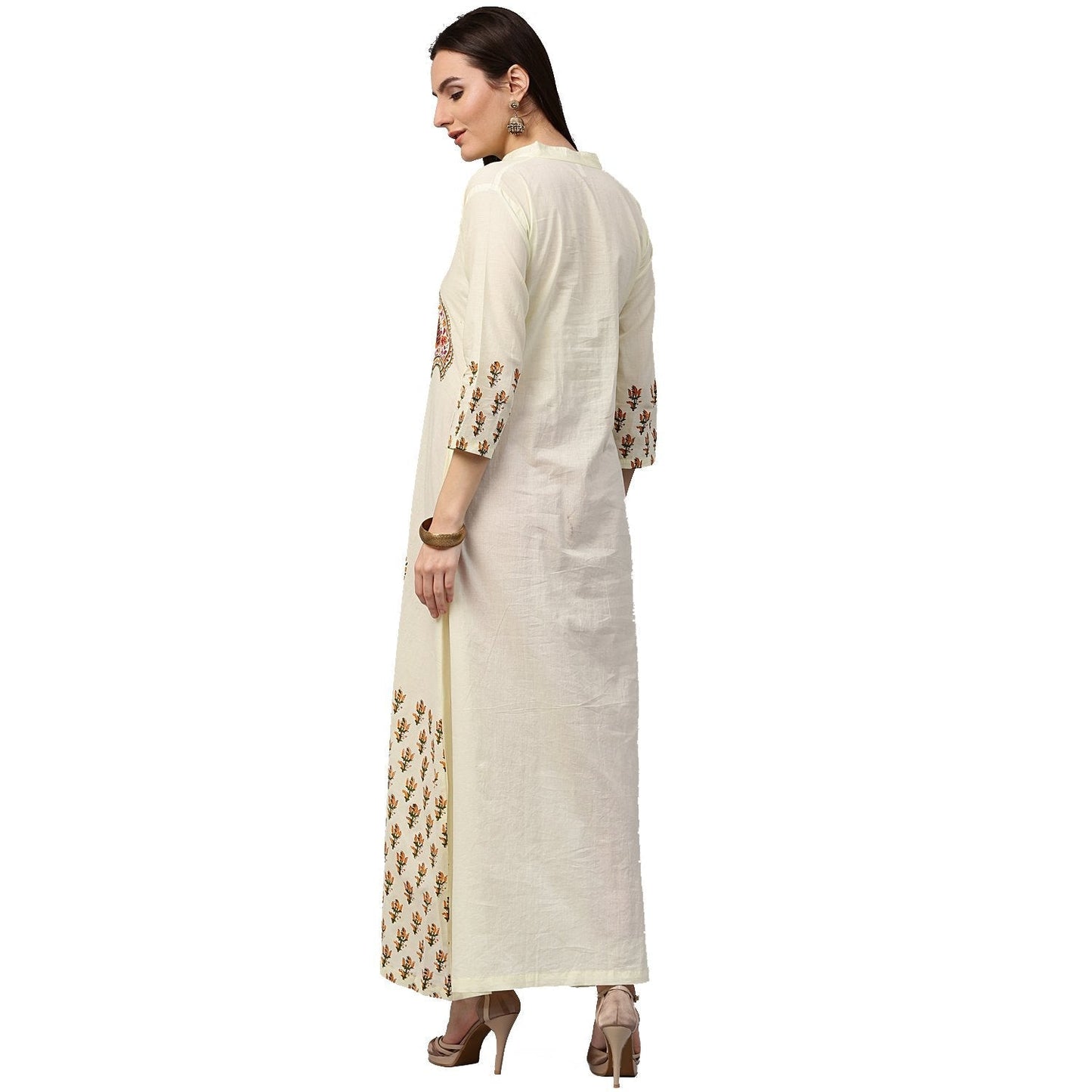Off White Printed 3/4Th Sleeve Long Cotton Kurta | LASVINI - Redefining Indian Fashion with Elegance