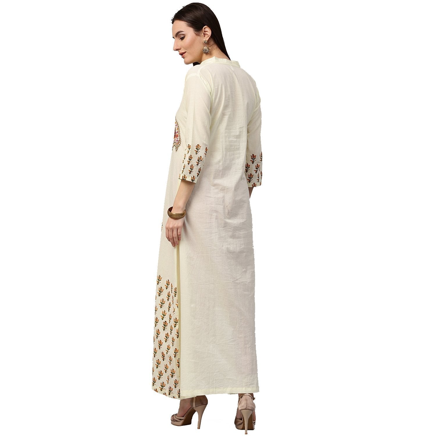 Off White Printed 3/4Th Sleeve Long Cotton Kurta | LASVINI - Redefining Indian Fashion with Elegance