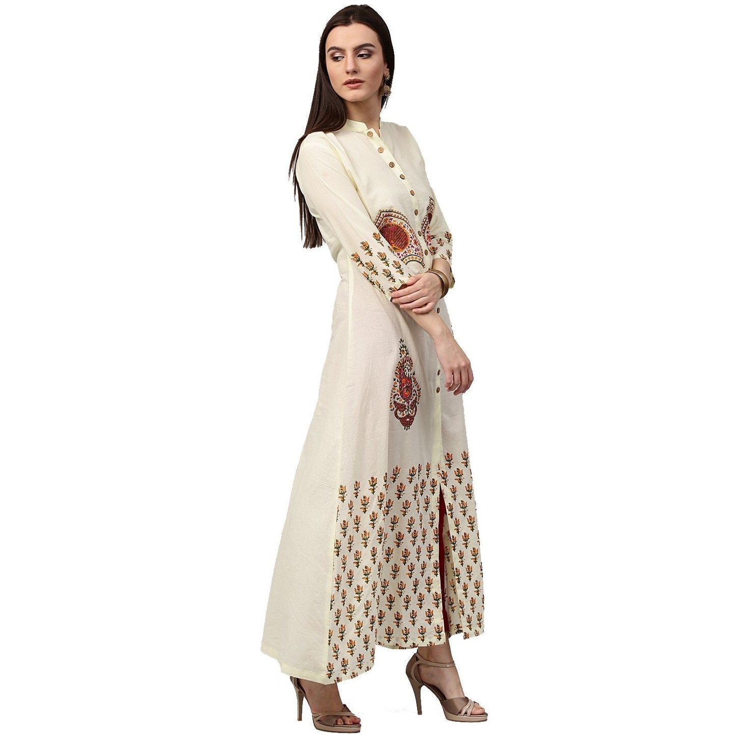 Off White Printed 3/4Th Sleeve Long Cotton Kurta | LASVINI - Redefining Indian Fashion with Elegance