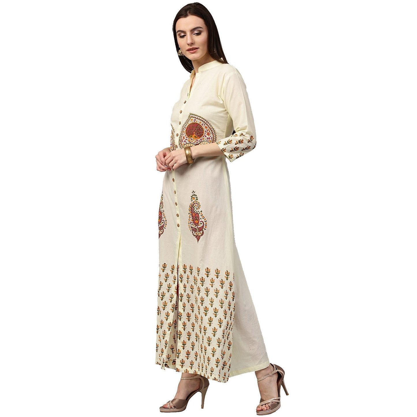 Off White Printed 3/4Th Sleeve Long Cotton Kurta | LASVINI - Redefining Indian Fashion with Elegance
