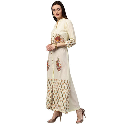 Off White Printed 3/4Th Sleeve Long Cotton Kurta | LASVINI - Redefining Indian Fashion with Elegance
