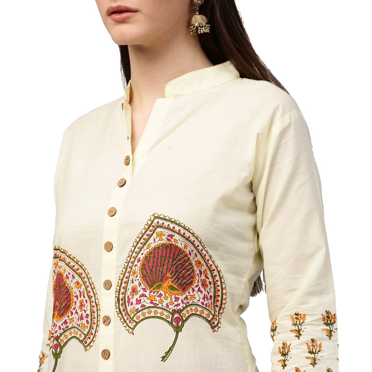 Off White Printed 3/4Th Sleeve Long Cotton Kurta | LASVINI - Redefining Indian Fashion with Elegance