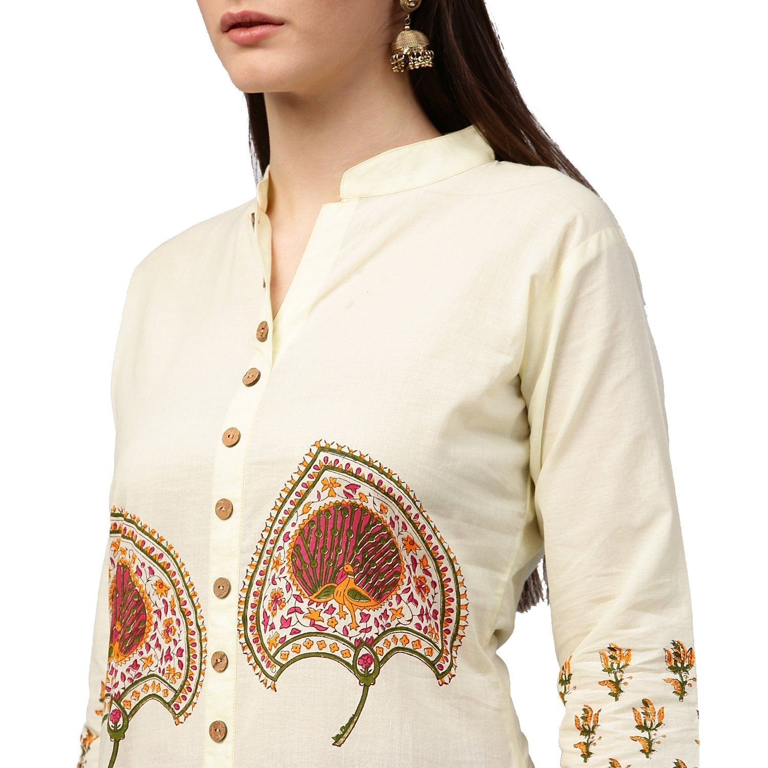 Off White Printed 3/4Th Sleeve Long Cotton Kurta | LASVINI - Redefining Indian Fashion with Elegance