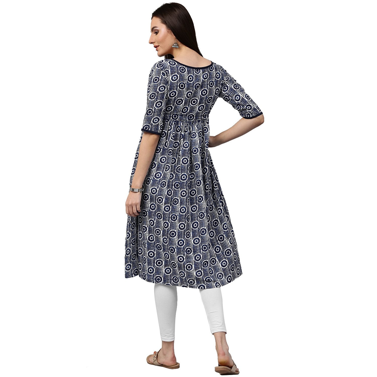 Blue Printed Half Sleeve Cotton Cropped Anarkali Kurta | LASVINI - Redefining Indian Fashion with Elegance