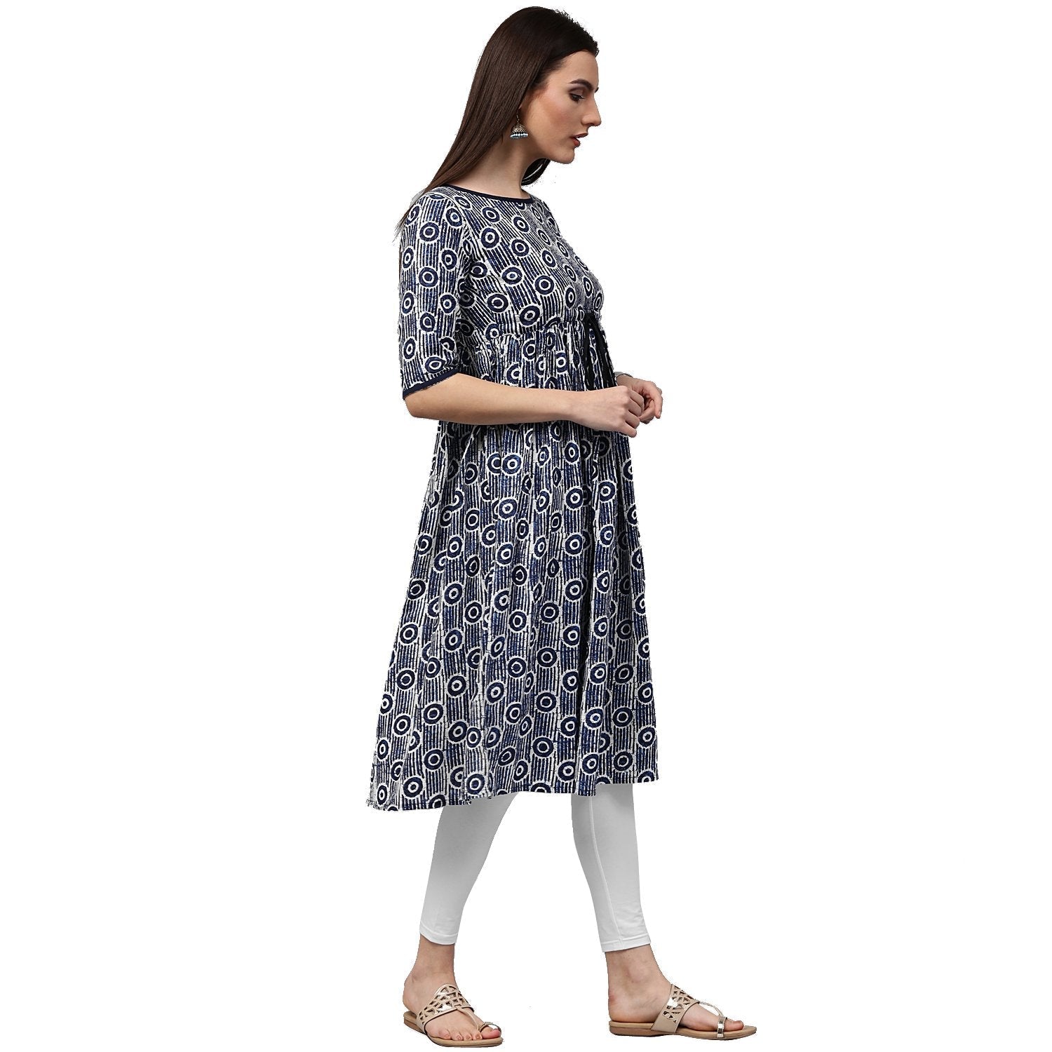 Blue Printed Half Sleeve Cotton Cropped Anarkali Kurta | LASVINI - Redefining Indian Fashion with Elegance