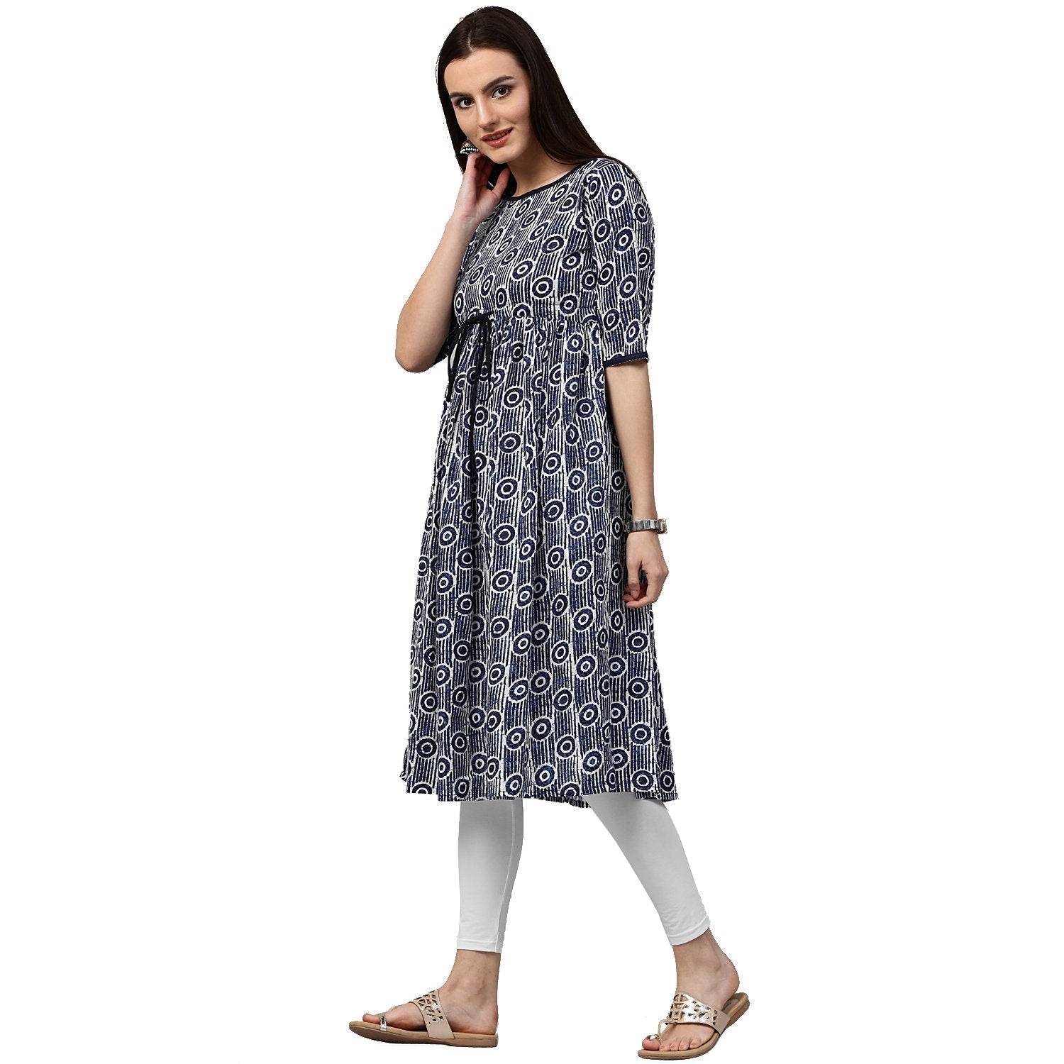 Blue Printed Half Sleeve Cotton Cropped Anarkali Kurta | LASVINI - Redefining Indian Fashion with Elegance