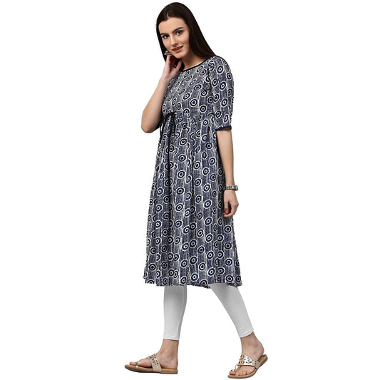 Blue Printed Half Sleeve Cotton Cropped Anarkali Kurta | LASVINI - Redefining Indian Fashion with Elegance