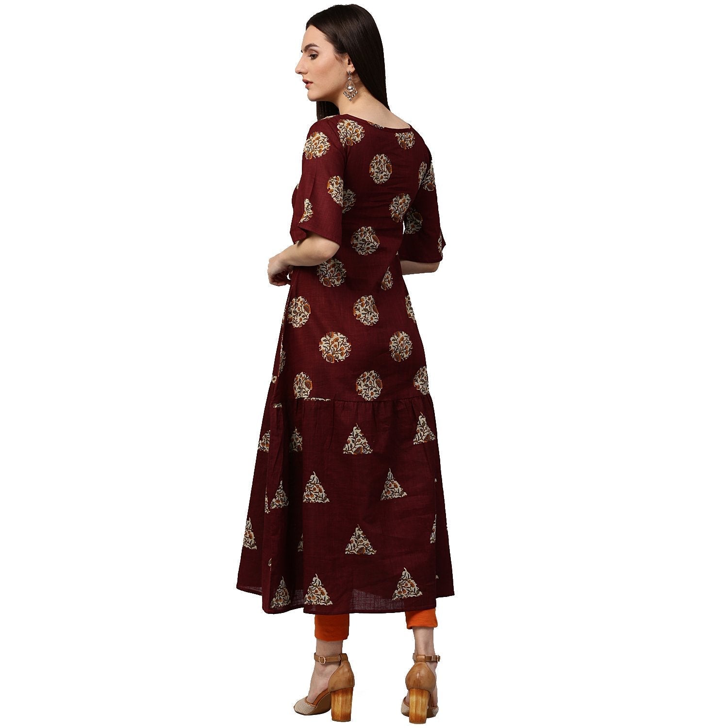 Maroon Printed Half Sleeve Cotton Kurta | LASVINI - Redefining Indian Fashion with Elegance