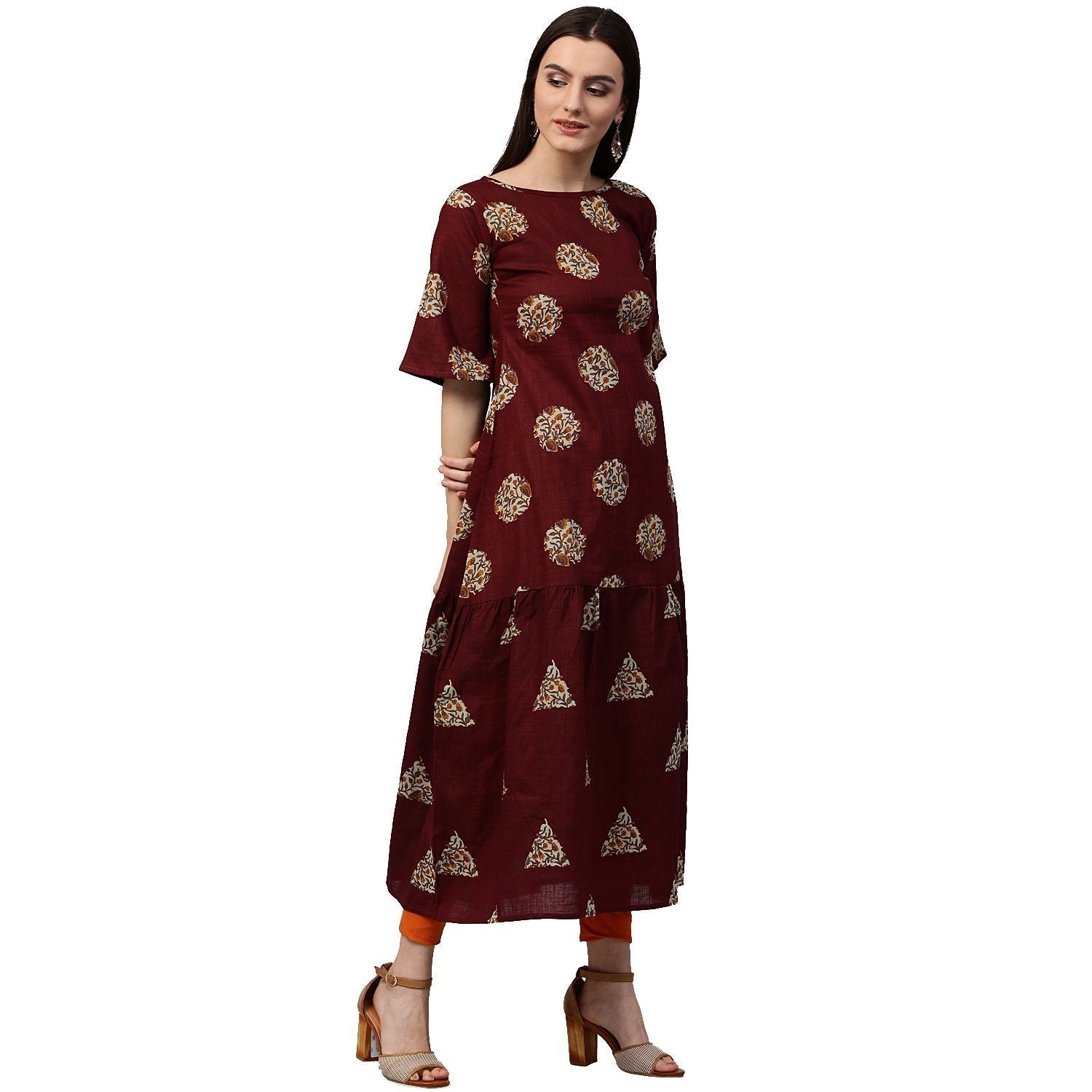 Maroon Printed Half Sleeve Cotton Kurta | LASVINI - Redefining Indian Fashion with Elegance