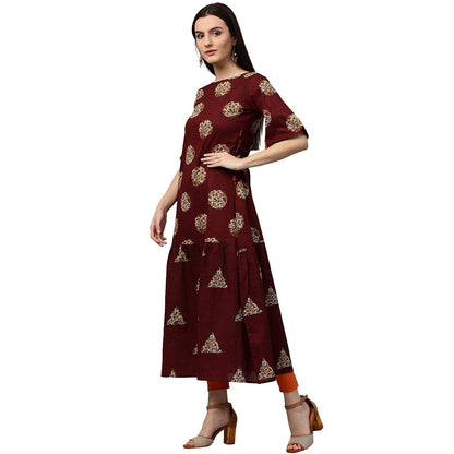 Maroon Printed Half Sleeve Cotton Kurta | LASVINI - Redefining Indian Fashion with Elegance