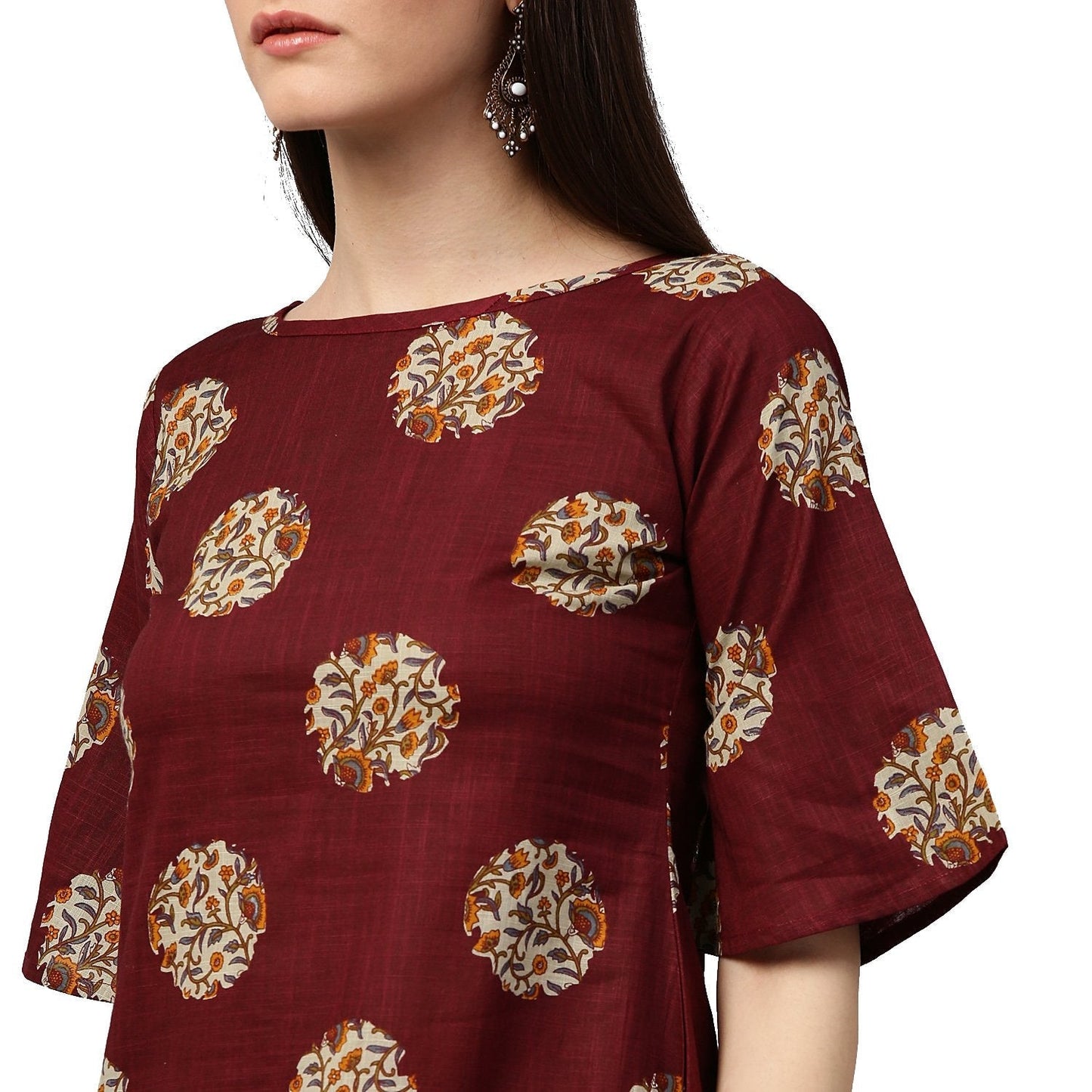 Maroon Printed Half Sleeve Cotton Kurta | LASVINI - Redefining Indian Fashion with Elegance