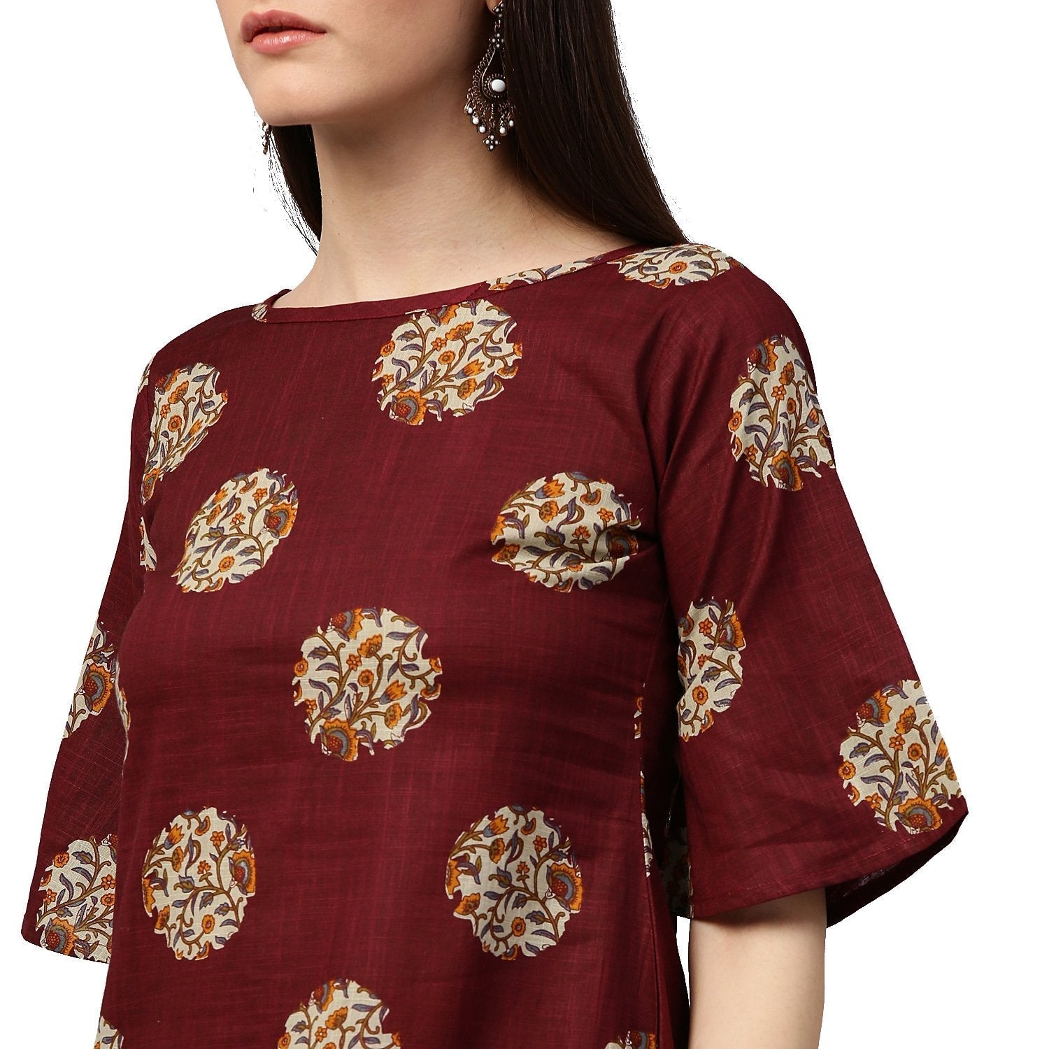 Maroon Printed Half Sleeve Cotton Kurta | LASVINI - Redefining Indian Fashion with Elegance