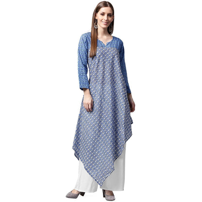 Blue Printed 3/4Th Sleeve Cotton A-Line Kurta | LASVINI - Redefining Indian Fashion with Elegance