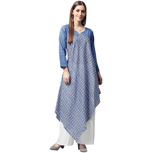 Blue Printed 3/4Th Sleeve Cotton A-Line Kurta | LASVINI - Redefining Indian Fashion with Elegance