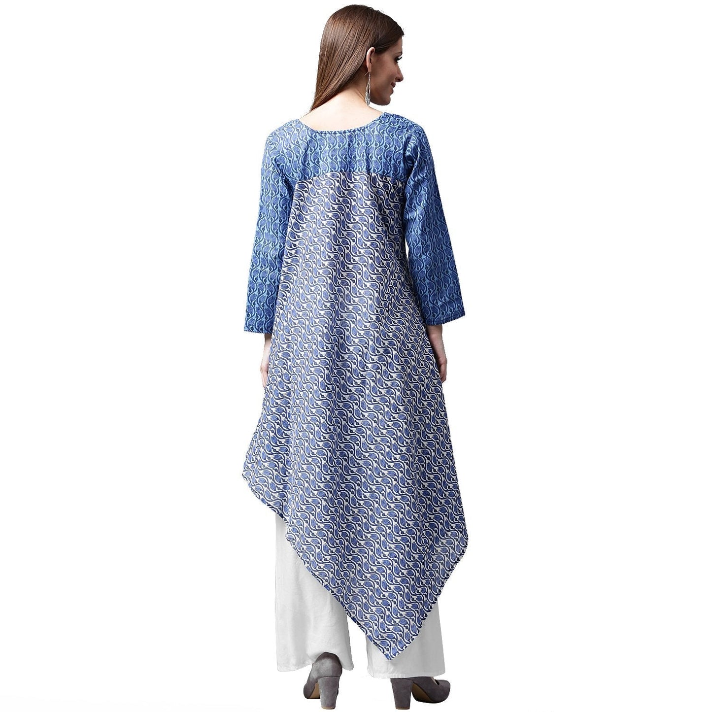 Blue Printed 3/4Th Sleeve Cotton A-Line Kurta | LASVINI - Redefining Indian Fashion with Elegance