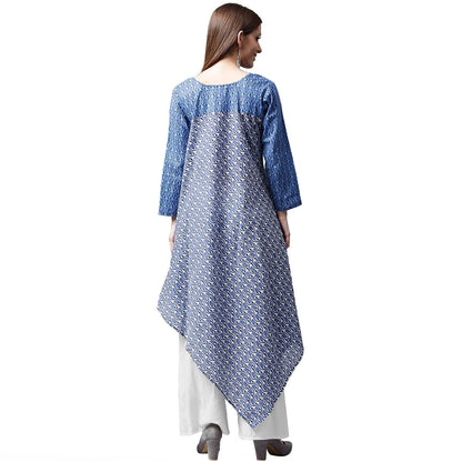 Blue Printed 3/4Th Sleeve Cotton A-Line Kurta | LASVINI - Redefining Indian Fashion with Elegance