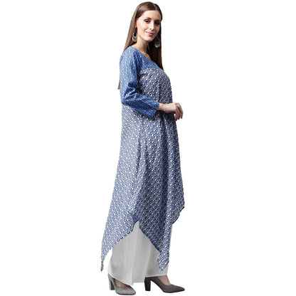 Blue Printed 3/4Th Sleeve Cotton A-Line Kurta | LASVINI - Redefining Indian Fashion with Elegance