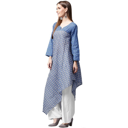 Blue Printed 3/4Th Sleeve Cotton A-Line Kurta | LASVINI - Redefining Indian Fashion with Elegance