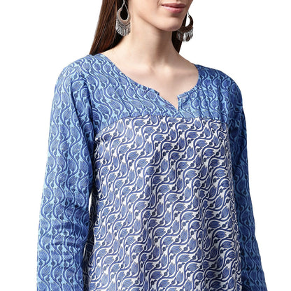 Blue Printed 3/4Th Sleeve Cotton A-Line Kurta | LASVINI - Redefining Indian Fashion with Elegance