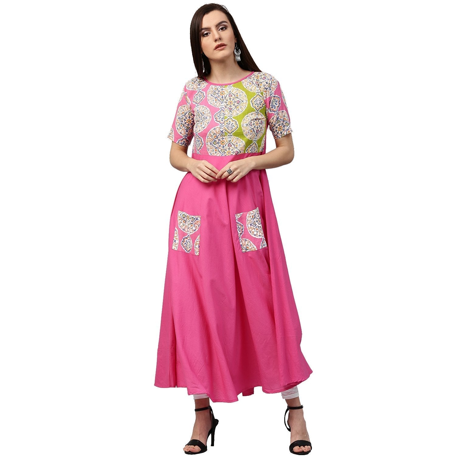 Pink Printed Half Sleeve Cotton Anarkali Kurta With Pocket | LASVINI - Redefining Indian Fashion with Elegance