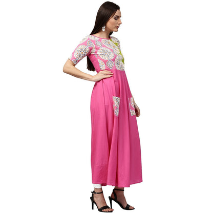 Pink Printed Half Sleeve Cotton Anarkali Kurta With Pocket | LASVINI - Redefining Indian Fashion with Elegance