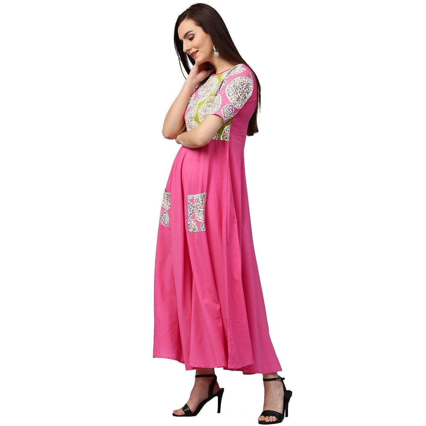 Pink Printed Half Sleeve Cotton Anarkali Kurta With Pocket | LASVINI - Redefining Indian Fashion with Elegance